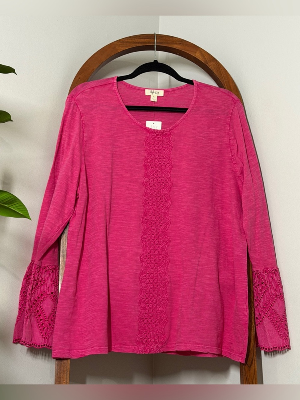 Style & Co XL Pink 100% Cotton Embroidered Bell Sleeve Blouse Top NEW